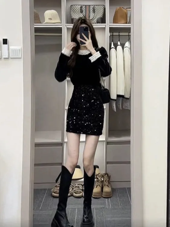 2025春款时尚小众洋气黑色小香风长袖上衣+黑色半身裙包臀短裙