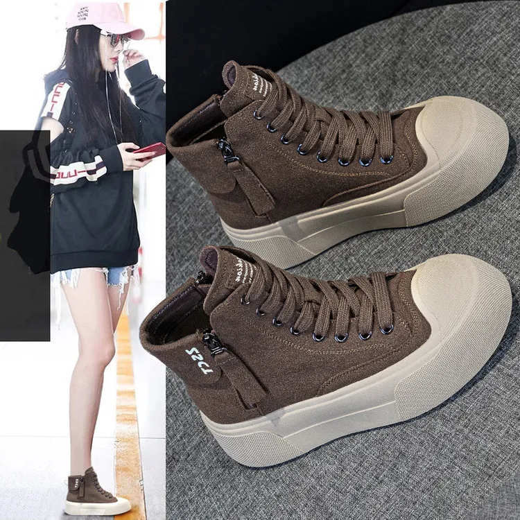 厚底高帮小白鞋女2024秋季新款爆款百搭小个子轻便真皮内短靴