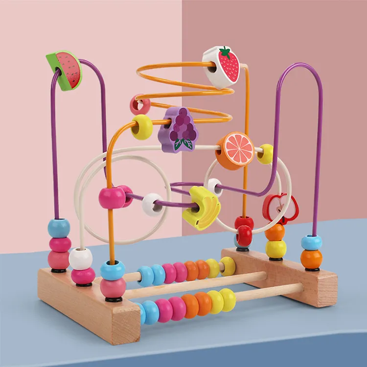 儿童益智绕珠玩具儿童早教益智绕珠玩具三线木质水果动物婴幼儿男
