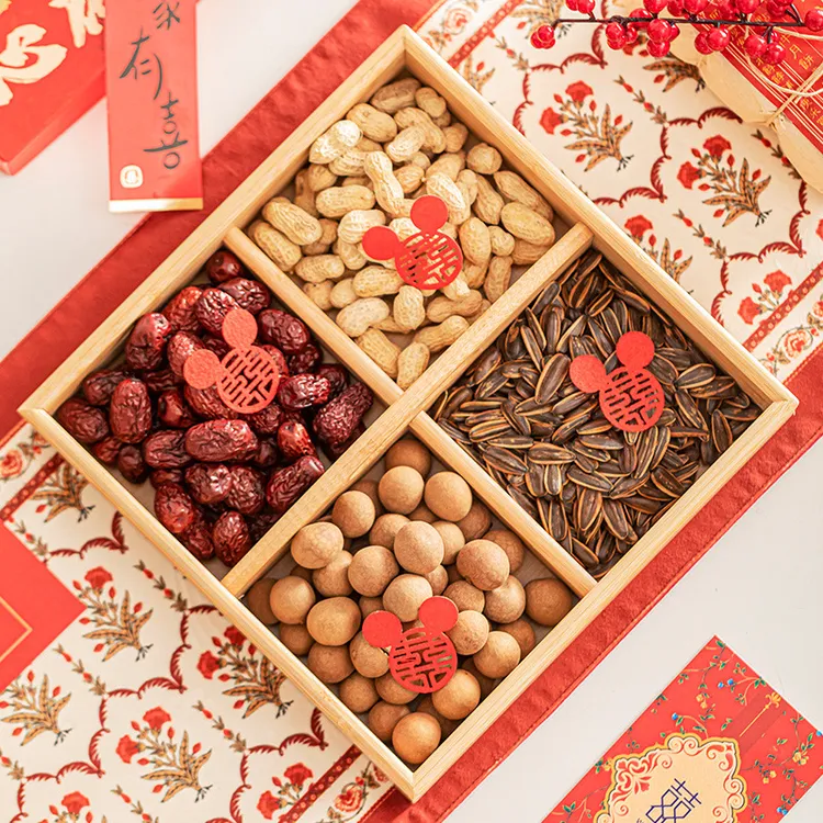 结婚喜糖分格果盘竹木手提婚礼早生贵子零食盘茶点盘订婚糕点摆盘