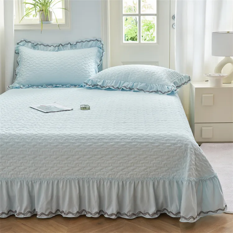 公主风针织棉床盖单件1.8/2m防滑加厚夹棉花边床单三件套四季通用