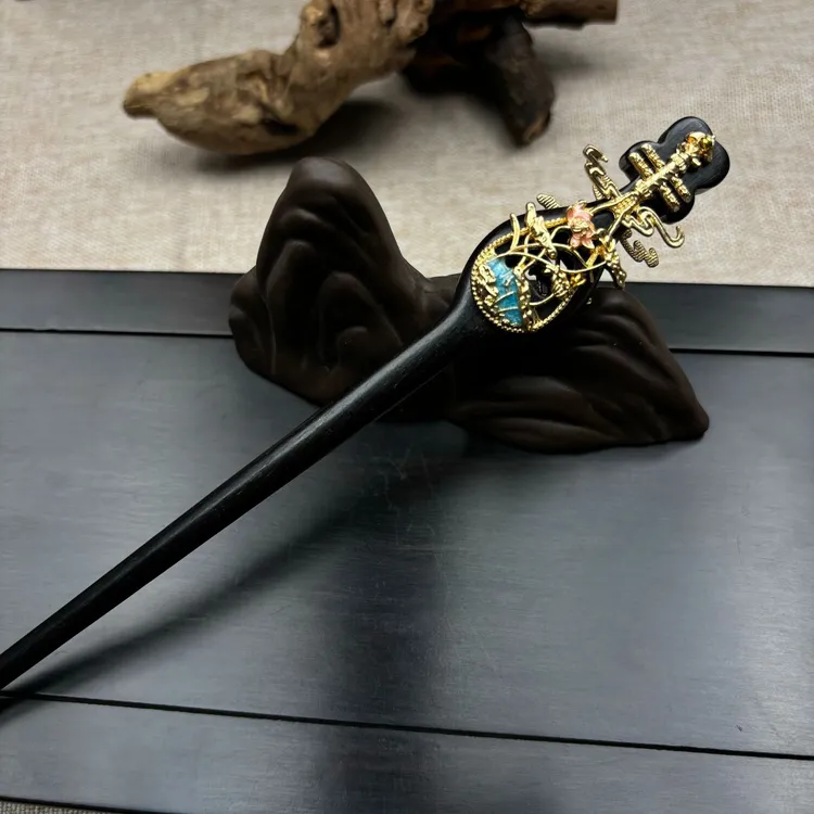 双面琵琶黑檀木发簪古风发饰女流苏簪子新中式汉服头饰步摇盘发簪
