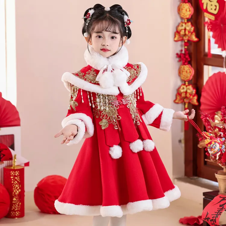 女童拜年服新款冬季加绒儿童喜气过年服国风唐装女宝宝旗袍连衣裙