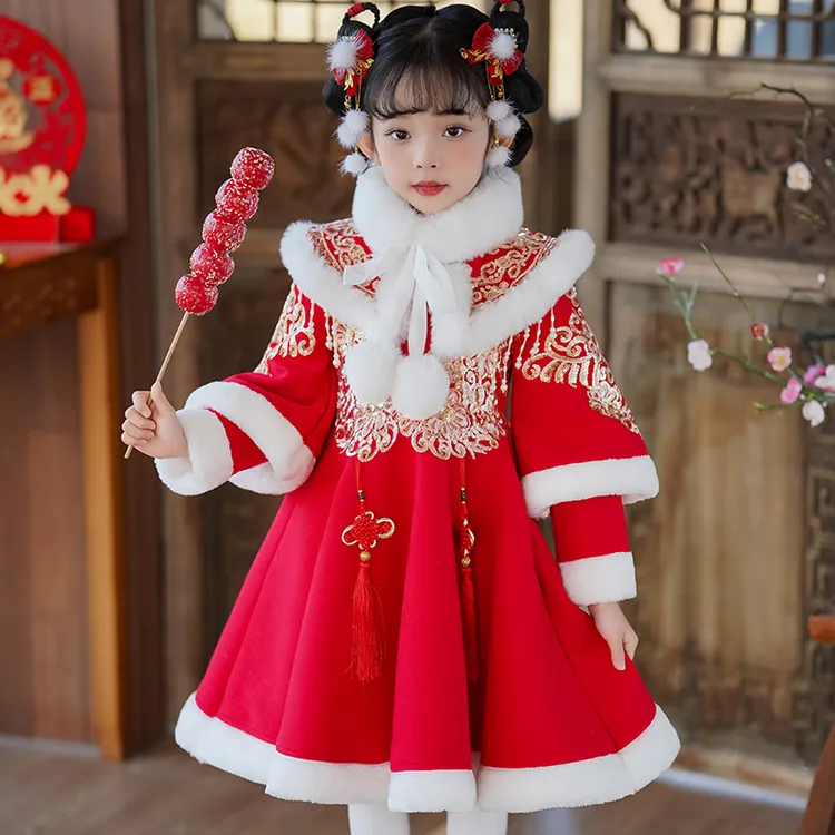 女童拜年服红色冬季公主裙加绒儿童国风小童旗袍连衣裙冬款女宝裙