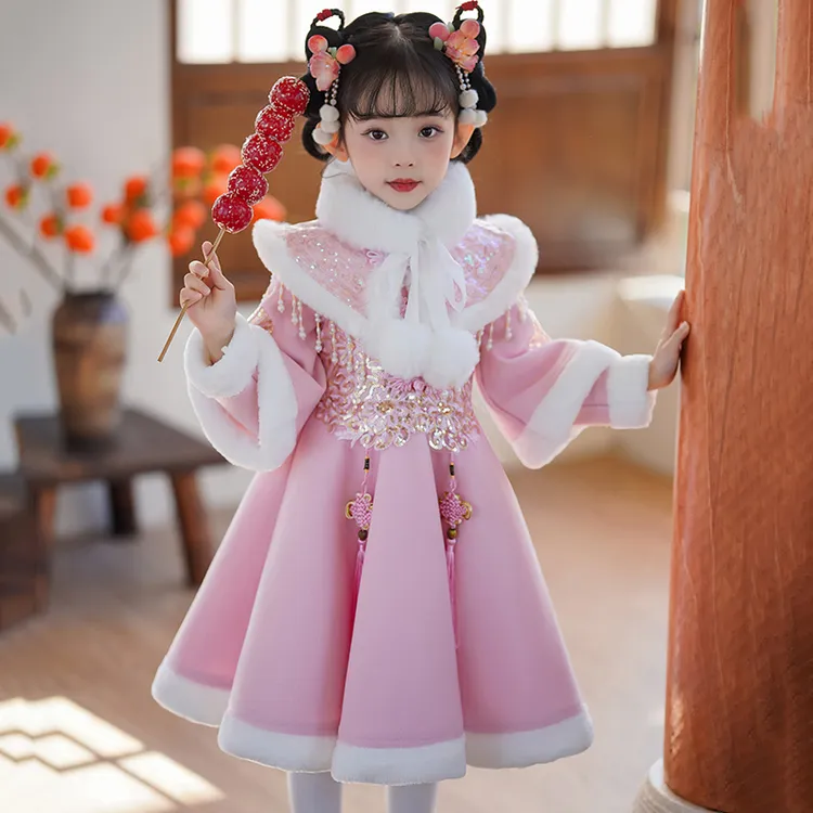 儿童旗袍拜年服女童汉服新年裙女宝公主裙喜庆小童连衣裙冬季加绒