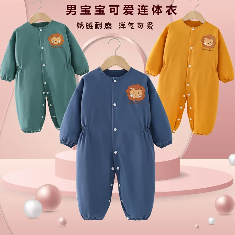 宝宝连体衣防脏耐磨婴儿一体式罩衣婴幼儿学爬服外穿洋气秋冬款