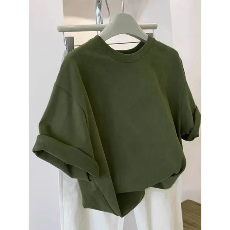 正肩显瘦潮牌复古军绿短袖t恤女2025夏季宽松设计感小众纯棉上衣