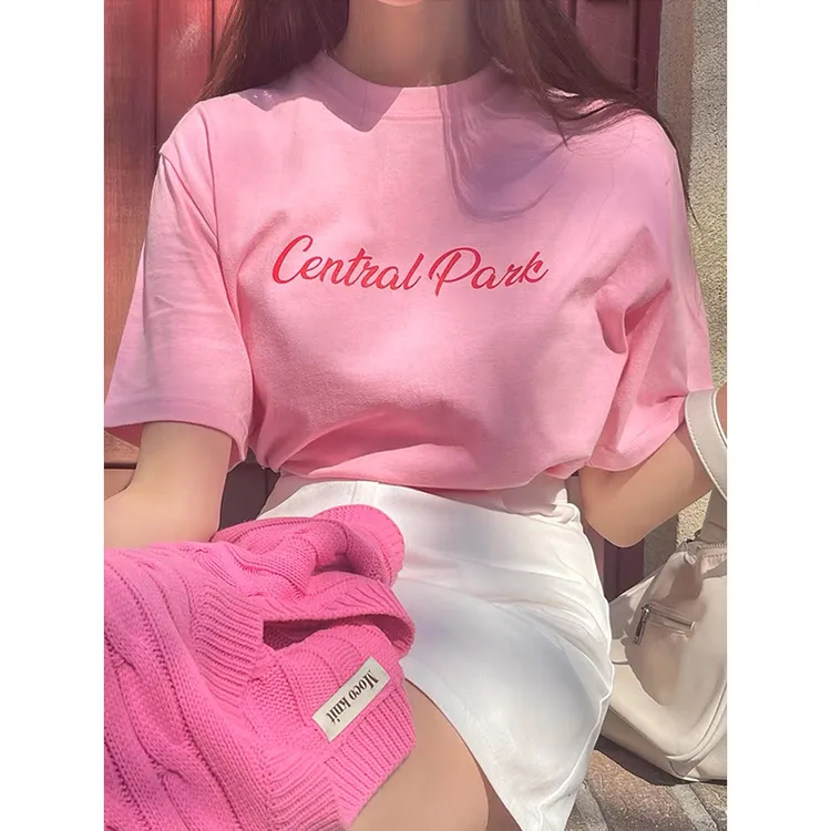 韩系简约风休闲百搭正肩粉色短袖女t恤宽松甜妹字母半袖上衣夏季