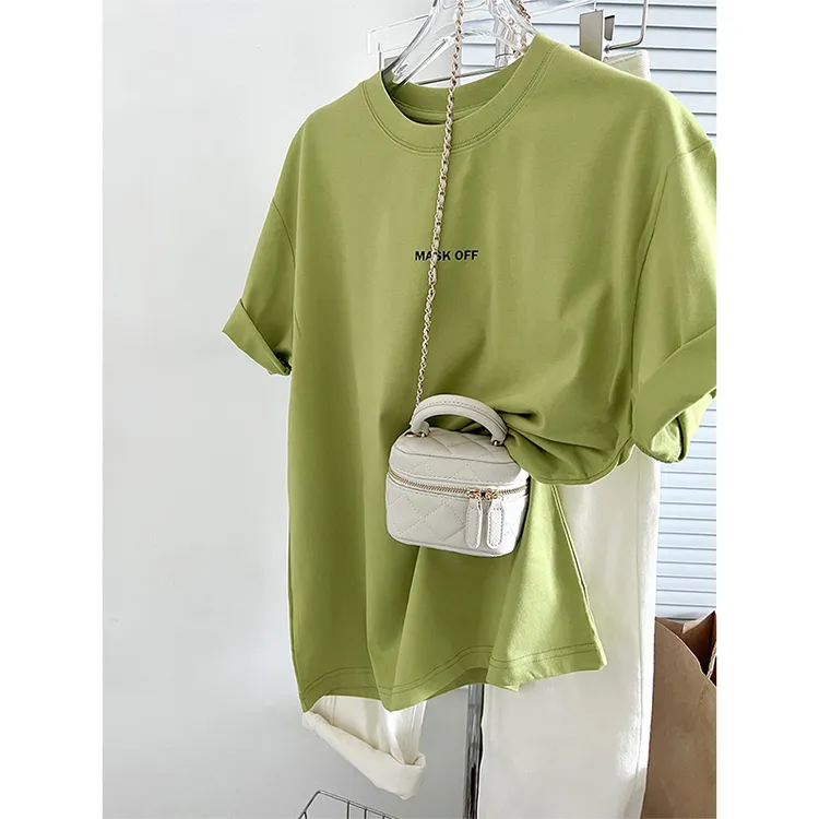 绿色正肩印花t恤女夏季夏美式复古设计感小众小个子纯棉短袖上衣