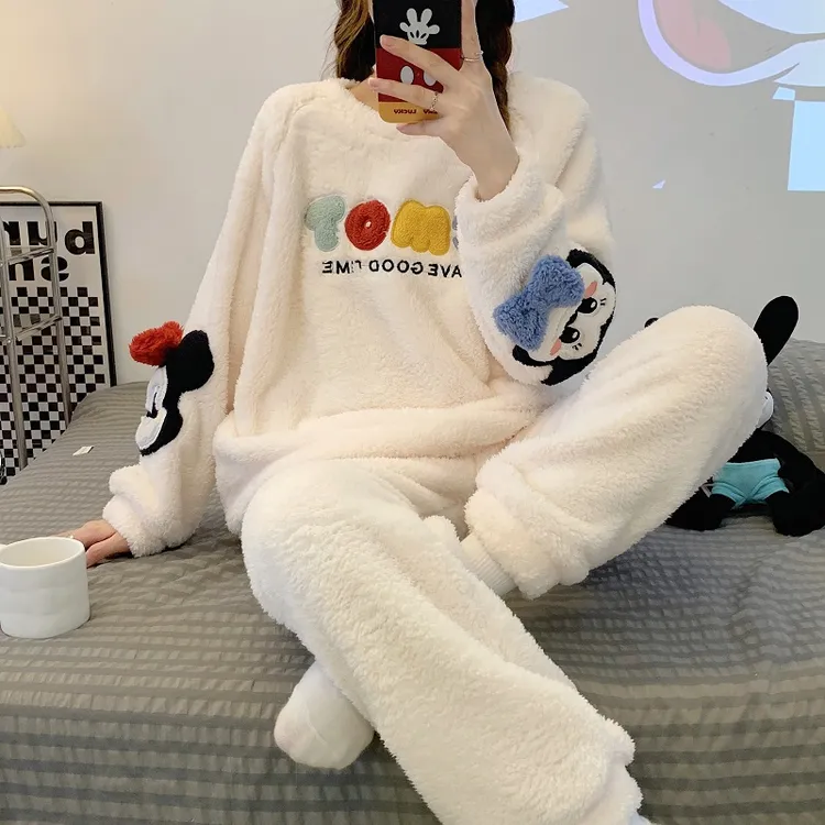 睡衣女秋冬季长袖珊瑚绒加厚加绒保暖套装2024新款卡通少女家居服