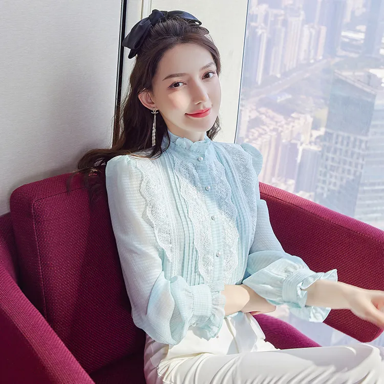 淑女时尚显瘦2024春秋衬衣女法式立领长袖打底衫温柔通勤21025