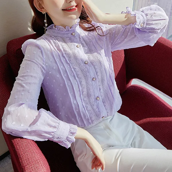 紫色长袖春秋立领衬衫女优雅气质淑女显瘦温柔雪纺衫打底衫88116 