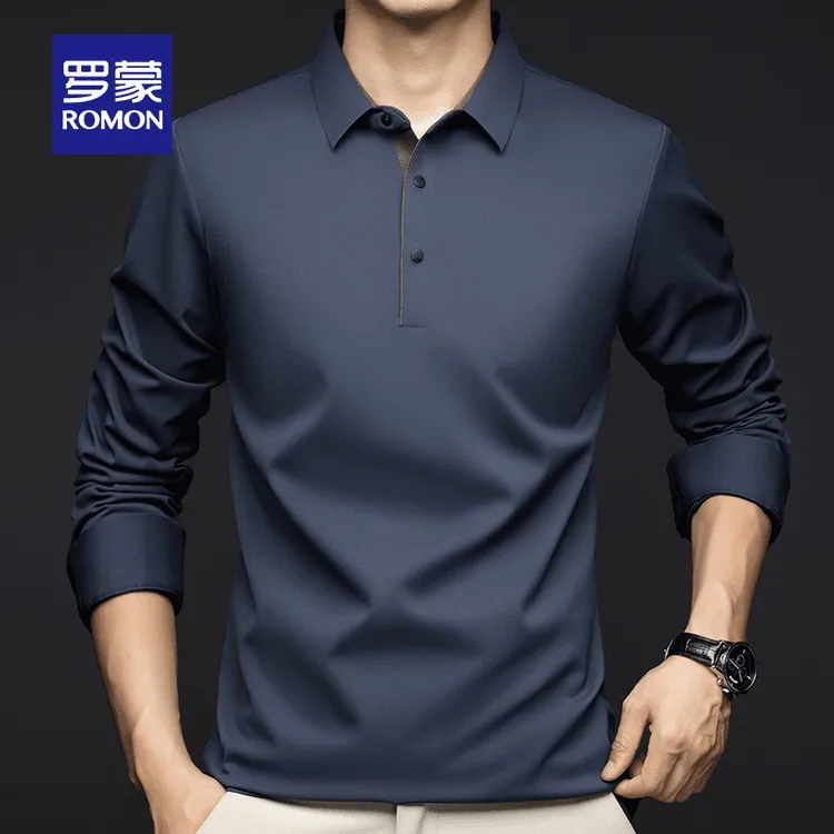 罗蒙轻奢长袖T恤男士春秋季纯色高端翻领POLO衫休闲无痕打底衫潮