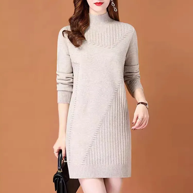 正品羊毛衫女中长款毛衣裙半高领宽松时尚冬季保暖气质百搭打底衫