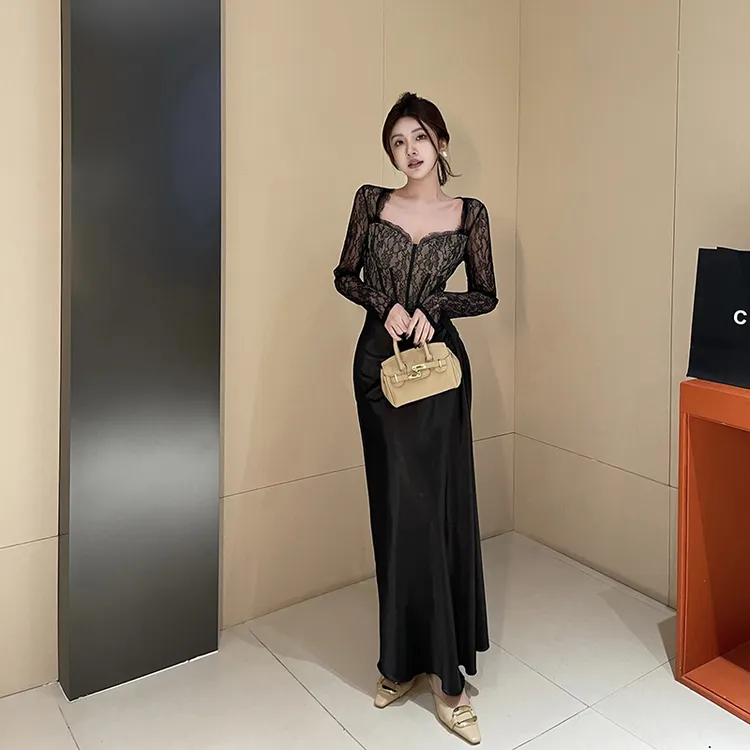 纯欲蕾丝拼接御姐风法式小黑裙气质显瘦修身时尚收腰包臀中长裙女