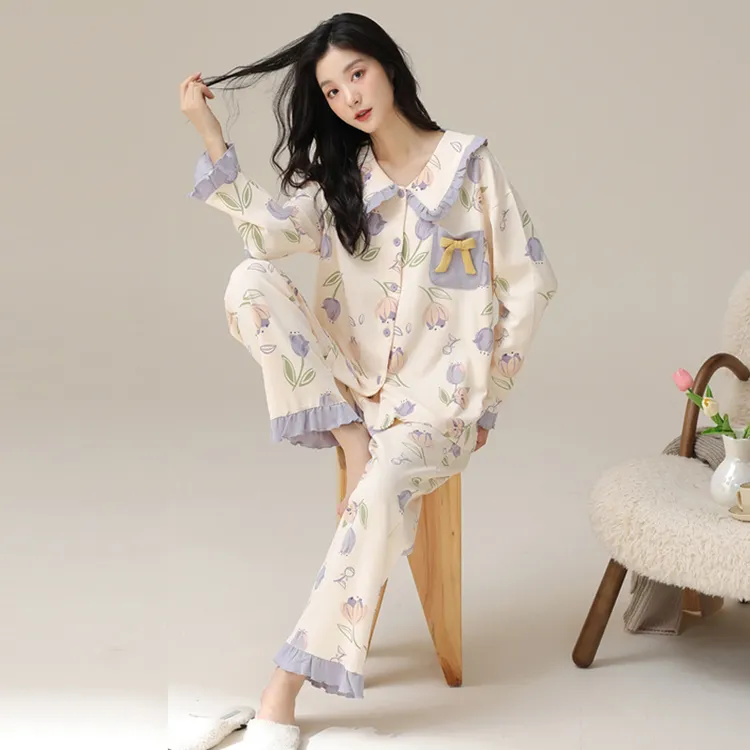 2024年新款网红爆款睡衣女春秋季纯棉长袖全棉时尚洋气家居服套装