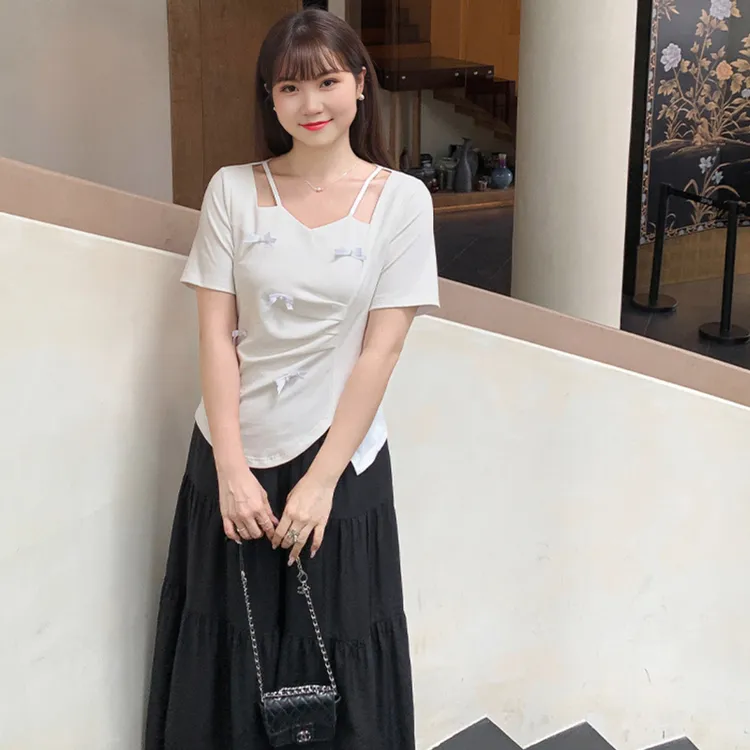 蝴蝶结短袖T恤小衫女夏季大码微胖mm挂脖显瘦女孩设计感休闲上衣