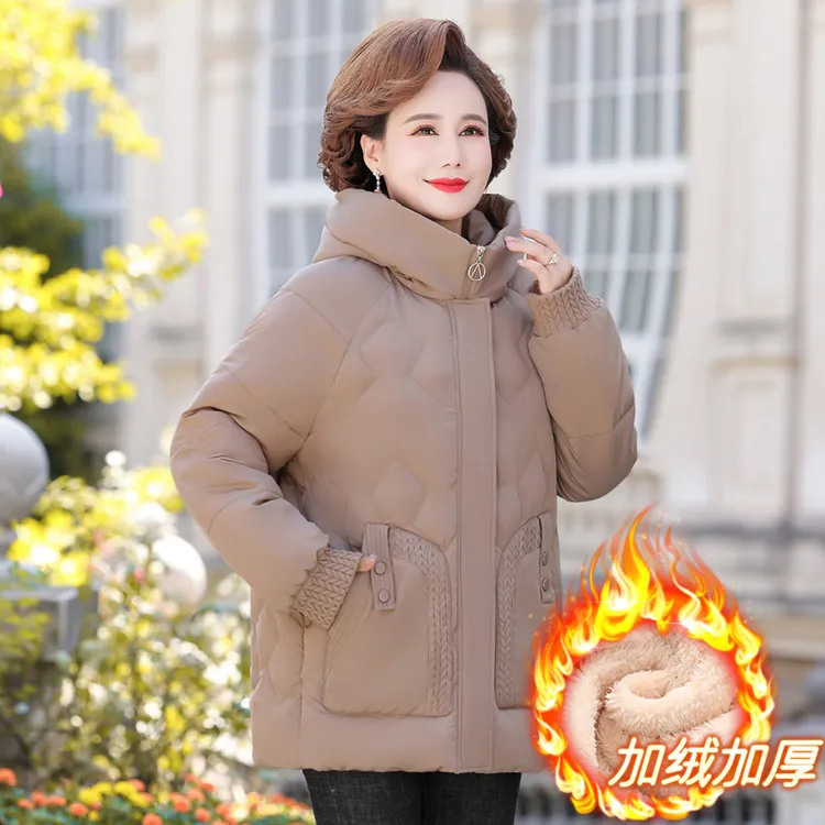 中老年妈妈冬装洋气宽松加绒棉服加厚保暖内涵韩版时尚百搭连帽