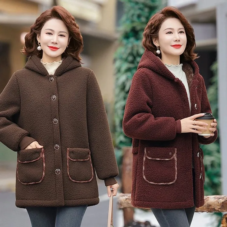 冬季中年妈妈装棉衣连帽中长款加绒加厚保暖女装颗粒绒外套棉袄