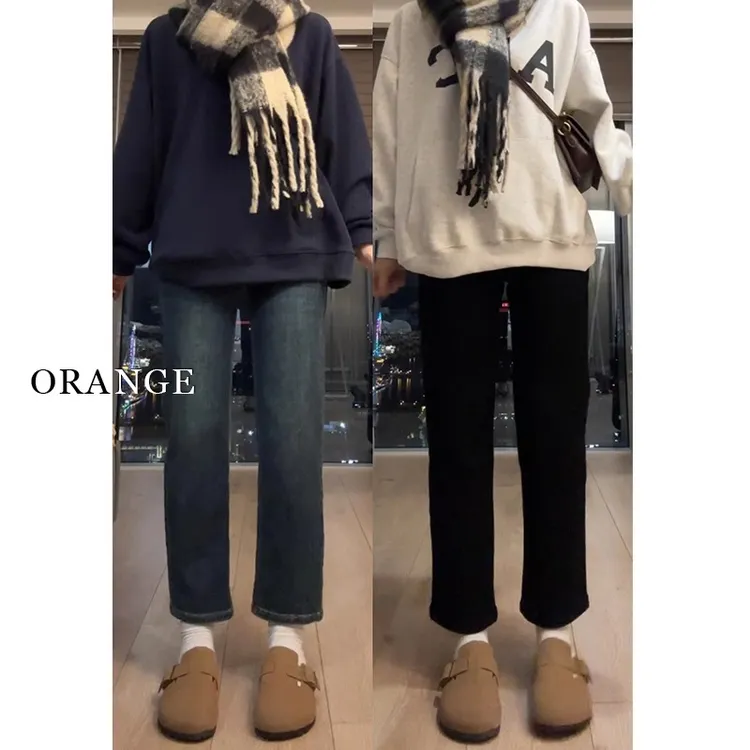 加绒复古烟管牛仔裤女冬季小个子大码胖mm高腰显瘦弹力直筒法棍裤