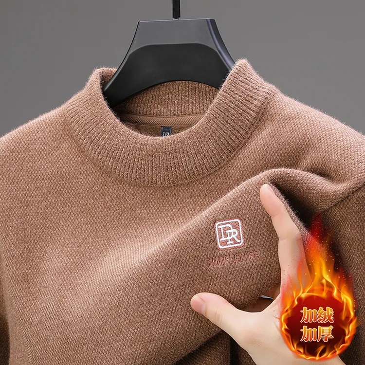 一体绒冬季半高领毛衣男中青年新款时尚刺绣加绒加厚保暖针织衫潮
