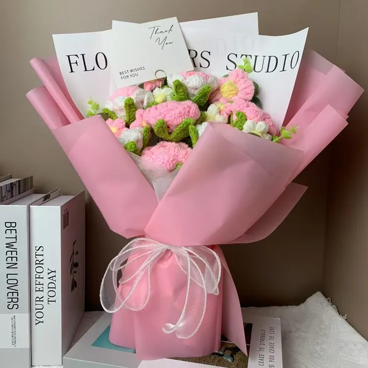 成品针织花玫瑰花毛线花束手工diy仿真花情人节生日