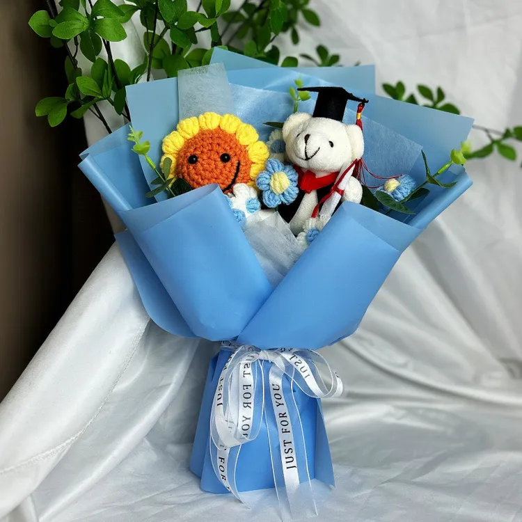 跨境手工针织毛线花束向日葵小熊小兔子，生日和毕业礼物，圣诞节