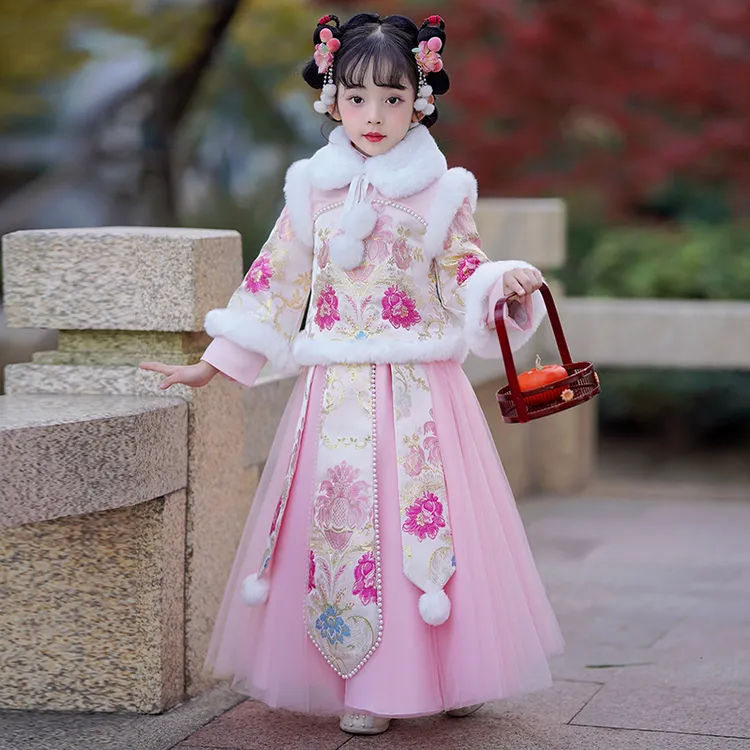 女童汉服冬季古装秋冬中国风拜年服儿童唐装加绒加厚新款古风裙子