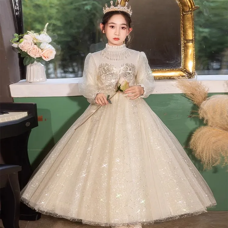 女童气质礼服轻奢高贵长款公主裙小女孩生日宴会优雅长袖礼服秋冬