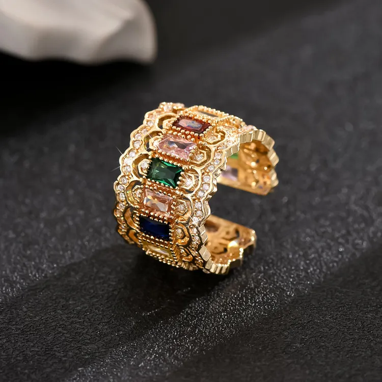 铜合金锆石戒指 K059 奢华铜镶彩色锆石戒指开口戒欧美个性百搭