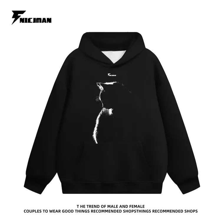 FNI白墨数码直喷侧影猫重磅连帽卫衣女秋冬休闲宽松百搭情侣