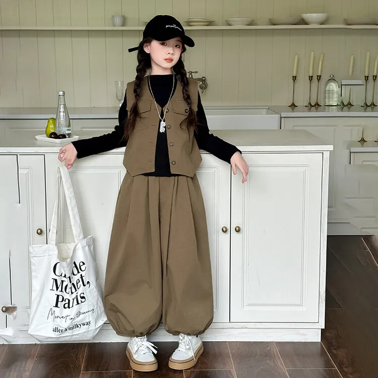女童套装2025春装新款儿童洋气时髦工装马甲长袖打底衫裤子三件套