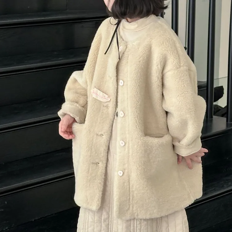 儿童纯色圆领圆领加厚中长款韩版保暖大衣外套百搭