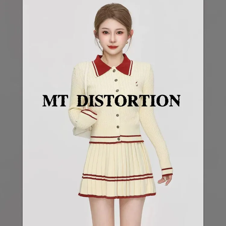 学院风刺绣polo领撞色绞花针织开衫百褶裙两件套