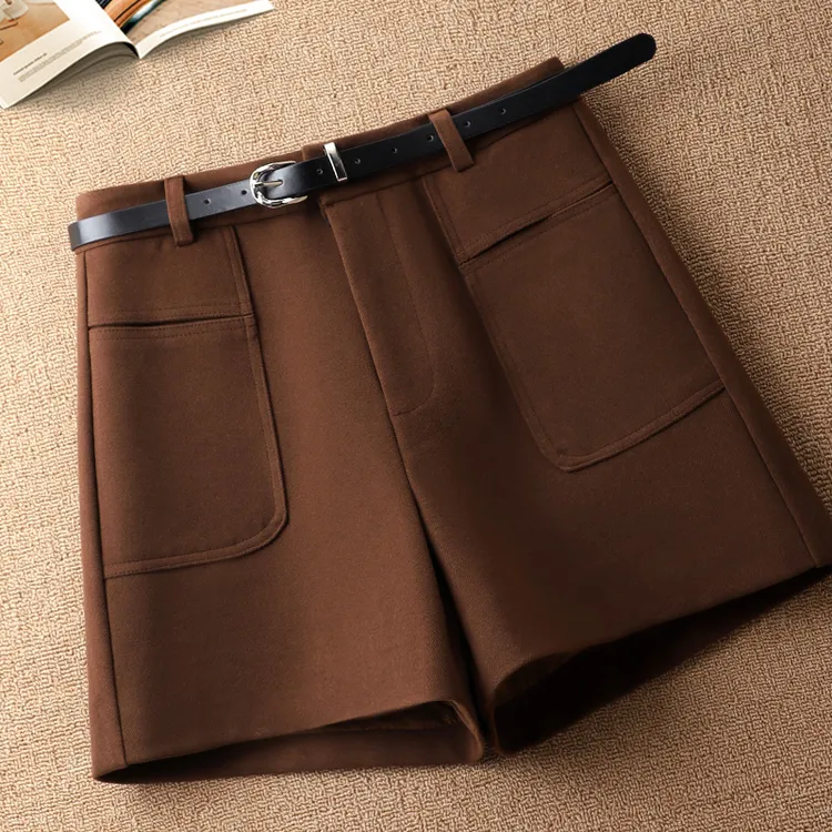 毛呢短裤女秋冬款2024年新款高腰显瘦百搭时尚a字阔腿裤靴裤冬季