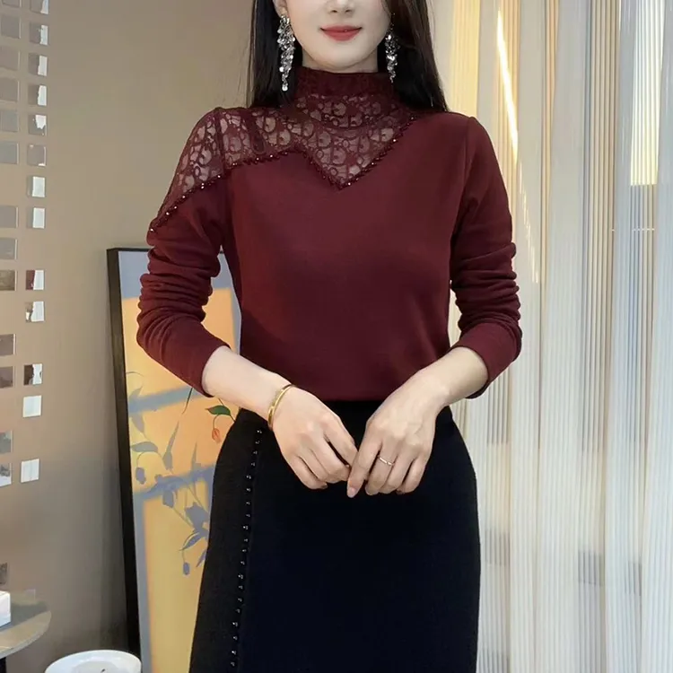 女装打底衫半高领不规则镂空烫钻X秋冬气质妈妈装加厚双面绒上衣