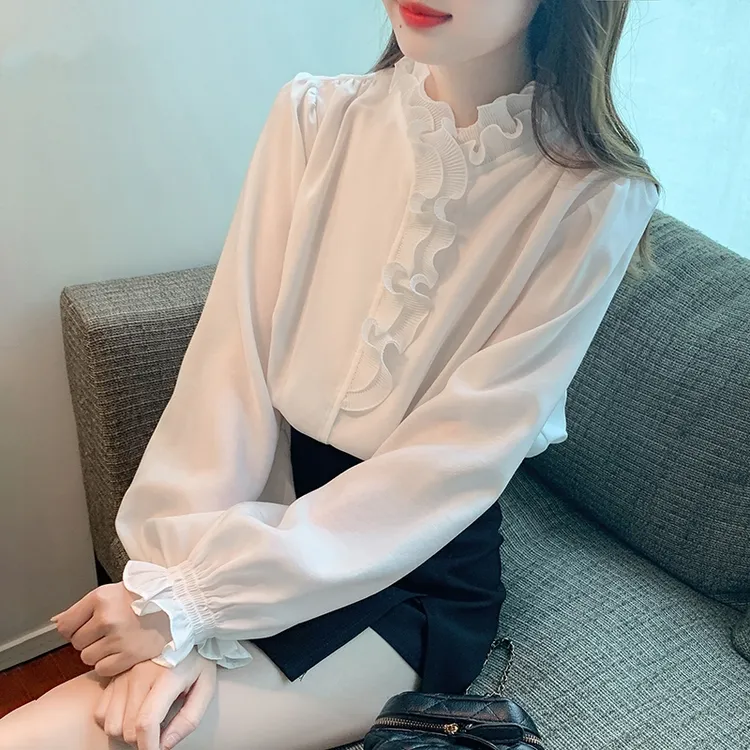 时尚木耳边长袖雪纺衬衫女春季2024年早春装新款高端小众别致上衣