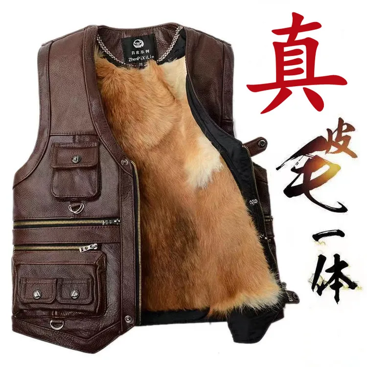 头层牛皮加毛马甲抗寒冬棉马甲记者服多口袋可拆卸加厚保暖冬季