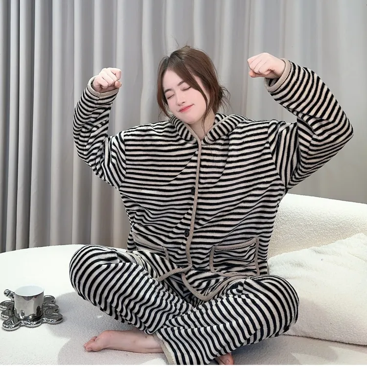 HAREECISU【线条旋律】条纹睡衣冬季加厚保暖休闲家居服睡衣冬款女