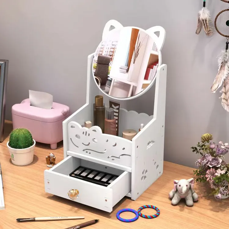 可爱创意带抽屉带收纳一体镜子宿舍浴室女生梳妆台个护桌面工具镜