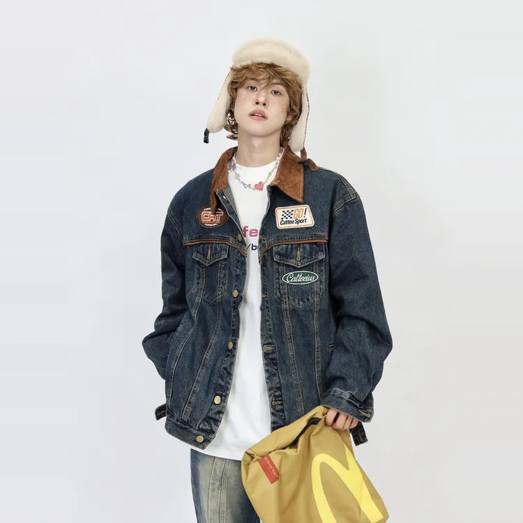 春秋新款美式复古牛仔外套男款机车潮牌翻领夹克宽松撞色情侣上衣