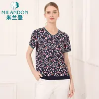MILANDON/米兰登夏季印花短袖t恤女士百搭碎花V领薄上衣3O2T1012