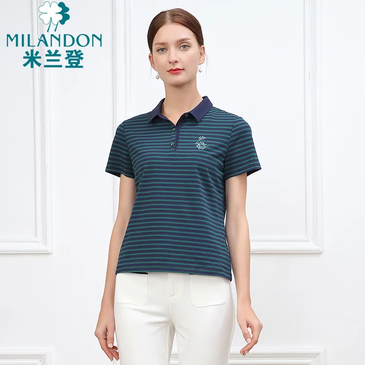 MILANDON/米兰登夏季新款POLO领条纹上衣女士休闲短袖T恤1N2T1104