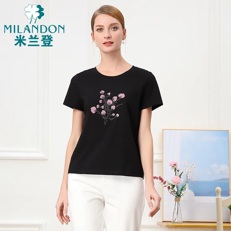 MILANDON/米兰登短袖夏季t恤女士圆领绣花休闲百搭上衣WO2T1111