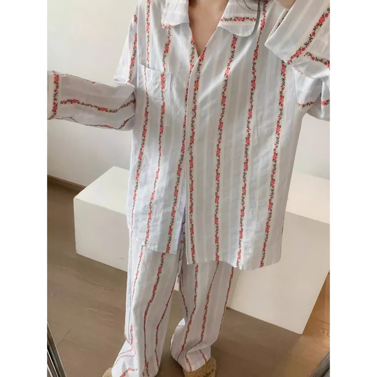 法式甜美碎花长袖睡衣女春夏2025新款高级开衫长裤女家居服可外穿