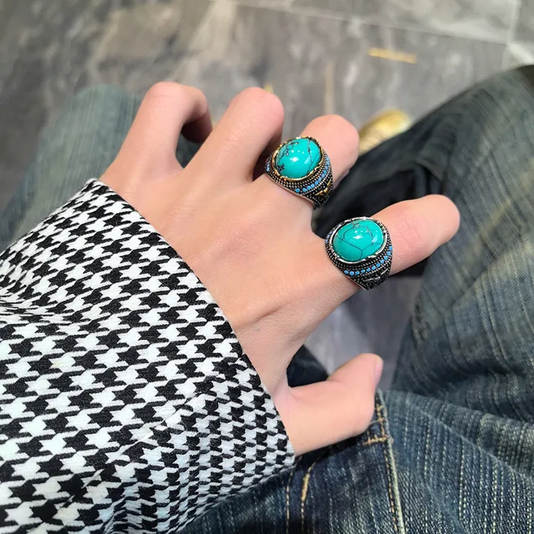 钛钢戒指 欧美复古高级感绿石戒指男潮牌古风个性钛钢闭口食指戒