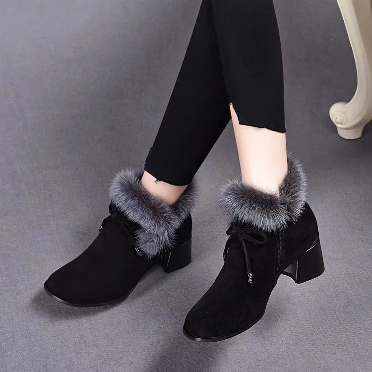 羊皮圆头水貂毛短靴女2023年秋冬季新款时尚百搭粗跟前蝴蝶结裸靴