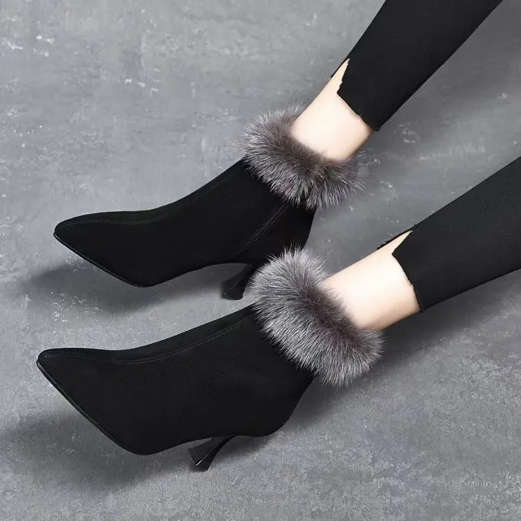 2024年秋冬新款真皮尖头细跟短靴女时尚百搭侧拉链水貂毛加绒女靴