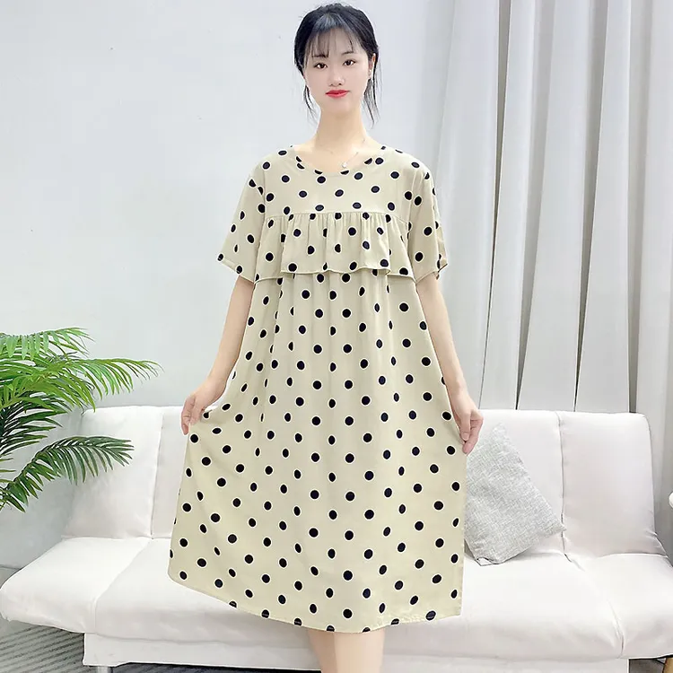 【新款福利】夏季短袖棉绸睡裙女士防凸点大码印花中长款可外穿裙子