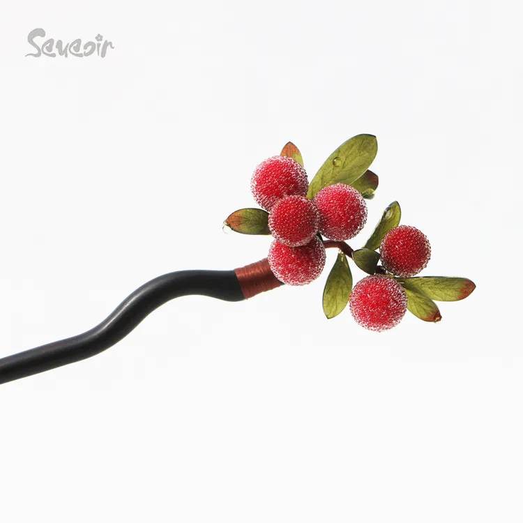 杨梅发簪原创热缩檀木水果簪子新中式国风红色头饰旗袍盘发礼物